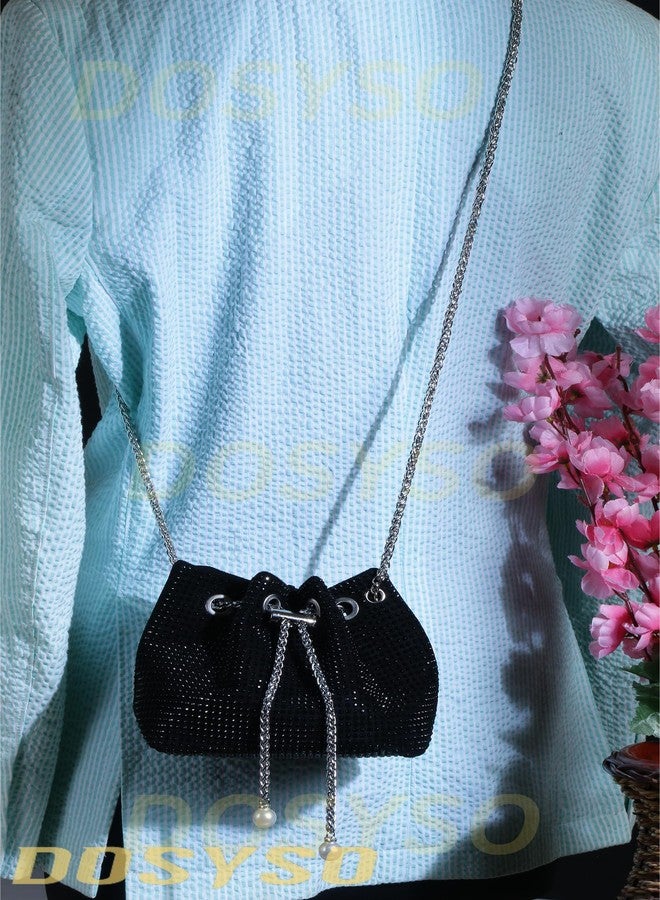 DOSYSO Rhinestone Bucket Bag Mini Evening Handbags Crystal Clutch For Women Drawstring Crossbody Sling Bags with Chain Stylish Potli Bags Ladies Glitter Purse Wallet for Party Wedding Bling (Black) - Image 3